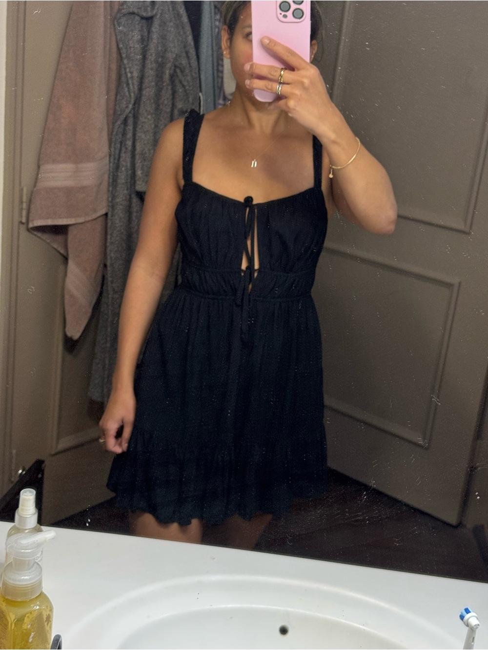 American Eagle Outfitters Black Tie-Front Smocked Mini Dress